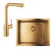 Grohe K700U rustfri st�lvask inkl. Grohe Essence New k�kkenarmatur m/udtr�k - B�rstet cool sunrise