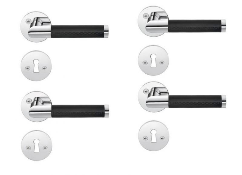 Beslagsboden indend&oslash;rs d&oslash;rgreb inkl n&oslash;gleskilt - Krom/sort l&aelig;der - S&aelig;t &aacute; 4 stk