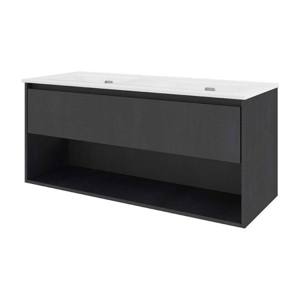 Sanibell Proline 120 m&oslash;bels&aelig;t m/1 skuffe, hylde og dobbeltvask - Uden hanehul - Sort eg