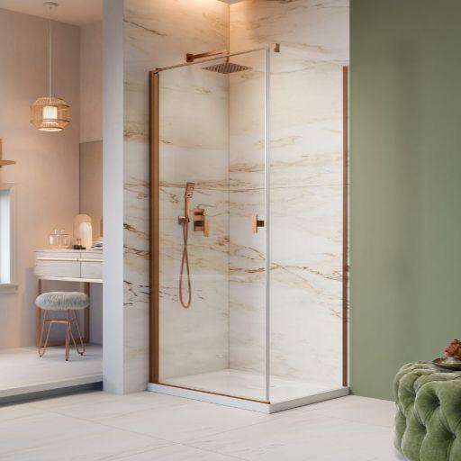 Str&oslash;mberg Noma 135 fast brusev&aelig;g m/svingd&oslash;r til venstre - 80 x 80 - Klar glas/b&oslash;rstet kobber