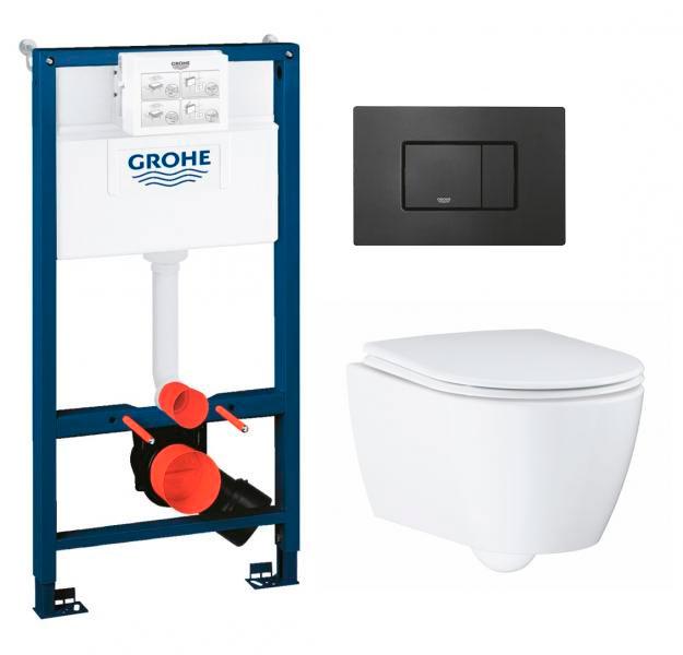 Grohe Essence Rimless toiletpakke inkl. s&aelig;de m/soft-close, mellem cisterne og mat sort betjening