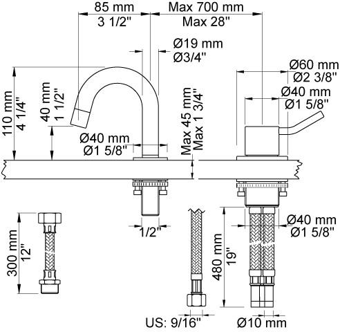 Vola 590AM h&aring;ndvaskbatteri - Krom