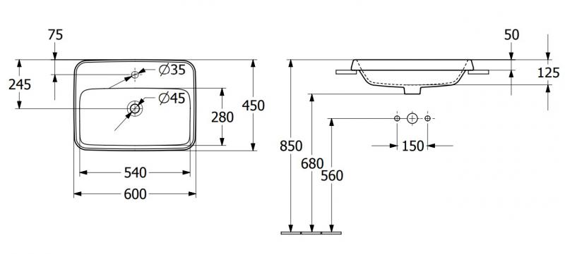 V&B Architectura 60 håndvask t/nedfældning - 1/3 hanehuller V&B Architectura 60 håndvask t/nedfældning - 1/3 hanehuller