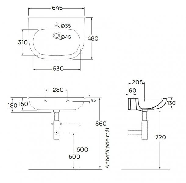 Lavabo Practica 64 håndvask t/væg - 1 hanehul Lavabo Practica 64 håndvask t/væg - 1 hanehul