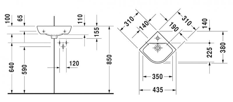 Duravit ME by Starck 44 h&aring;ndvask t/v&aelig;g - Hj&oslash;rne