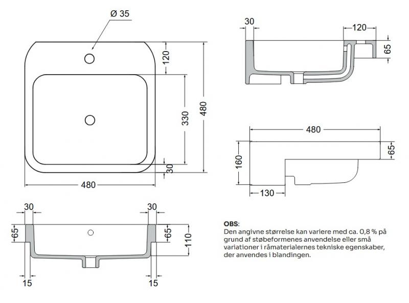 Lavabo Cosa 48 h&aring;ndvask t/delvis nedf&aelig;ldning - 1 hanehul