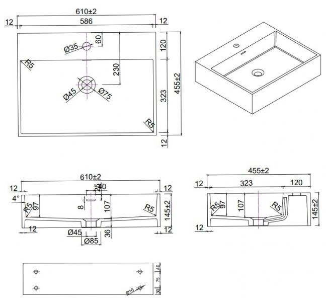 Lavabo Solid Surface 60 h&aring;ndvask t/v&aelig;g eller bord - 1 hanehul - Mat hvid