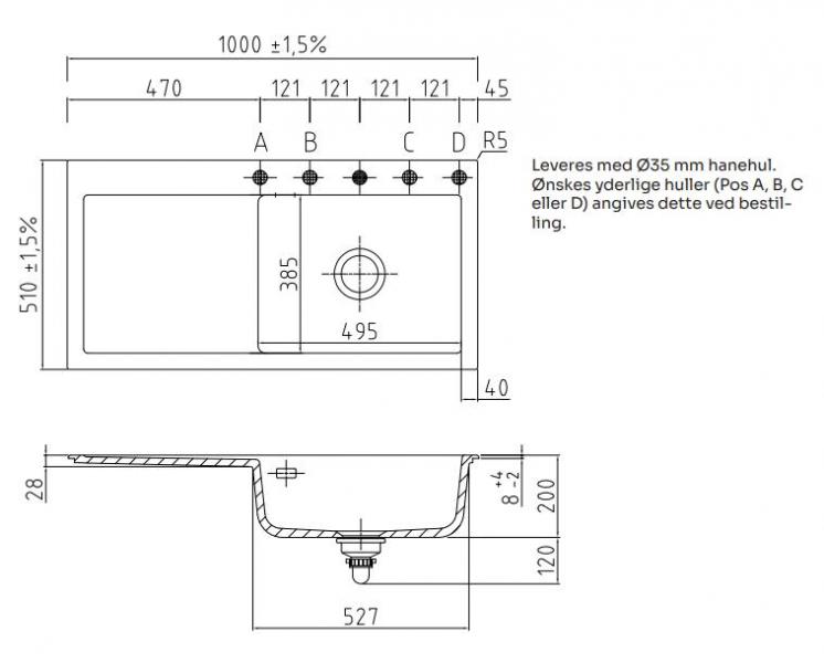 Lavabo Mera 100 SL porcel&aelig;nsk&oslash;kkenvask - Vask til h&oslash;jre/krom afl&oslash;b