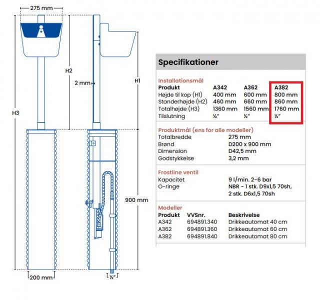 Frostfri drikkeautomat til k&oslash;er og heste - 80 cm
