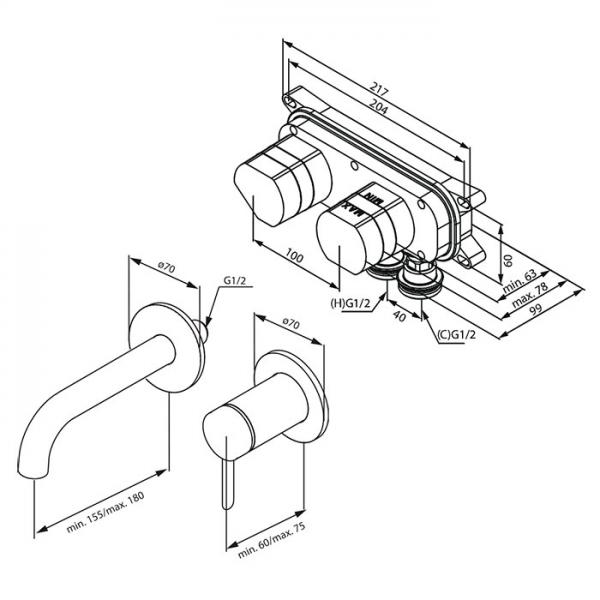 Damixa Iris komplet h&aring;ndvaskarmatur til indbygning - B&oslash;rstet kobber