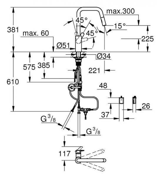 Grohe Start hybrid k&oslash;kkenarmatur m/udtr&aelig;k og Dual Spray - Krom