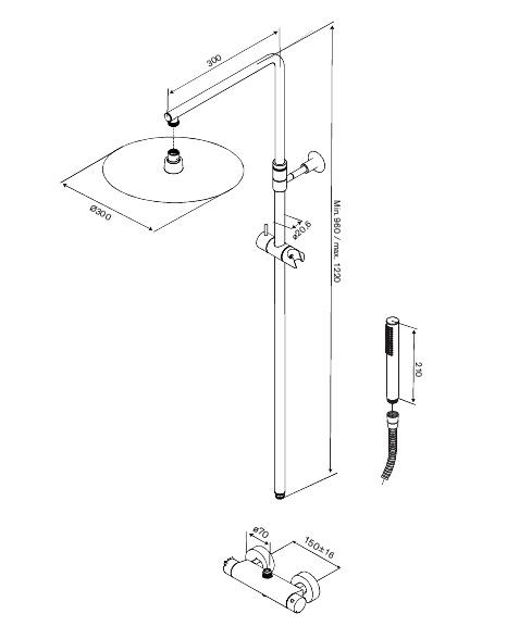 Damixa Iris 300 komplet brusesystem m/termostat - B&oslash;rstet kobber