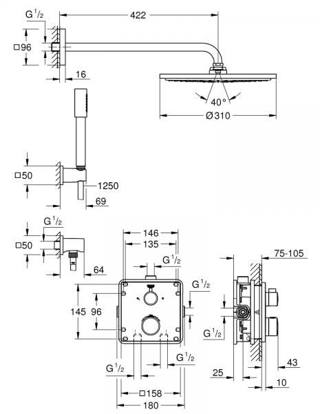 Grohe NEW Rainshower 310 komplet brusesystem til indbygning - Firkantet forplade Grohe NEW Rainshower 310 komplet brusesystem til indbygning - Firkantet forplade