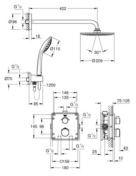 Grohe Cosmopolitan Rainshower 210 komplet brusesystem til indbygning Grohe Cosmopolitan Rainshower 210 komplet brusesystem til indbygning