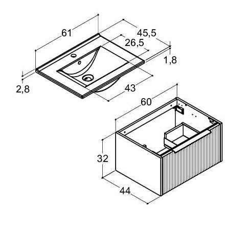 Dansani Mido+ Classic 61 m&oslash;bels&aelig;t m/Amber vask og 1 skuffe - Striber/mat sand
