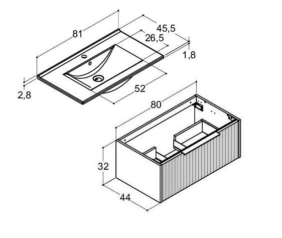 Dansani Mido+ Classic 81 m&oslash;bels&aelig;t m/Amber vask og 1 skuffe - Striber/mat sand