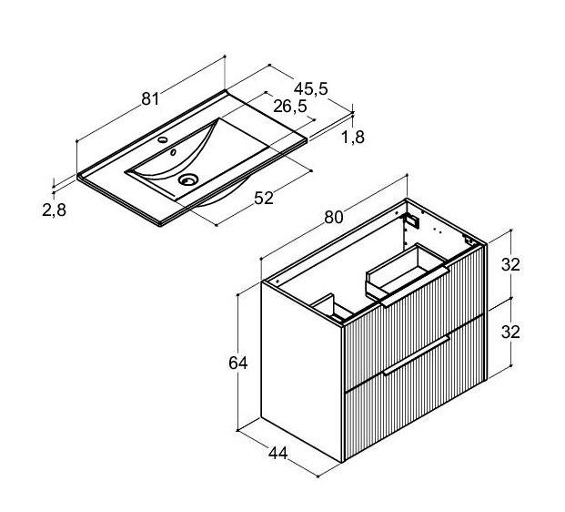 Dansani Mido+ Classic 81 m&oslash;bels&aelig;t m/Amber vask og 2 skuffer - Striber/mat lysebl&aring;