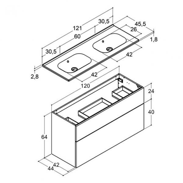 Dansani Luna 121 møbelsæt m/dobbelt Kantate vask, høj skuffe og indretning - Grå mat Dansani Luna 121 møbelsæt m/dobbelt Kantate vask, høj skuffe og indretning - Grå mat