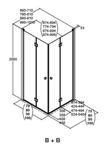 Dansani Match B+B bruseniche m/folded&oslash;re - 70x70 cm - Klar glas/mat krom