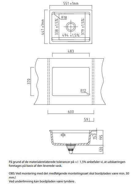 Lavabo Kara 50 U porcel&aelig;nsk&oslash;kkenvask - Mat sort m/kobber afl&oslash;b