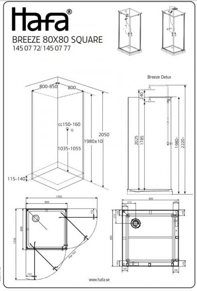 Hafa Square Breeze brusekabine inkl h&aring;ndbruser - 80x80 cm