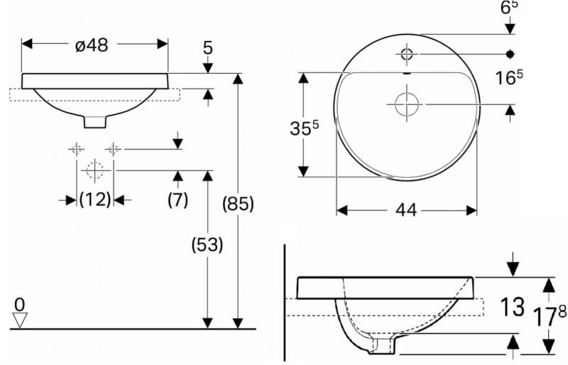 Geberit Variform 48 h&aring;ndvask t/nedf&aelig;ldning - 1 hanehul