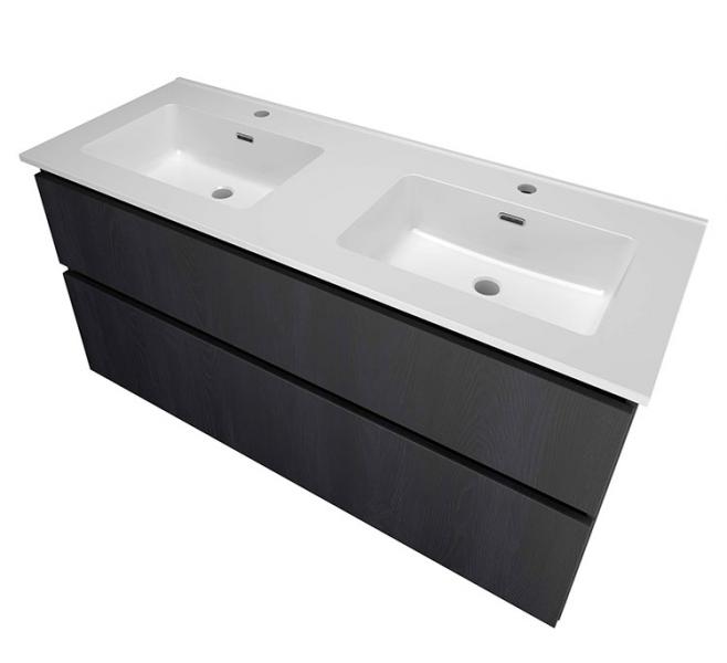 Sanibell Proline 120 m&oslash;bels&aelig;t m/2 asymmetriske skuffer og dobbeltvask - Sort eg