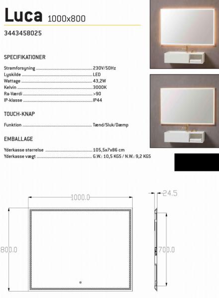 Luca firkantet spejl m/integreret LED lys, backlight og touch - 100 cm Luca firkantet spejl m/integreret LED lys, backlight og touch - 100 cm